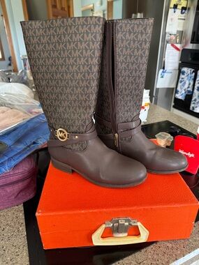 Michael Kors Brown and Dark Brown MK Logo Tall Riding Boots